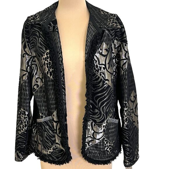 TanJay Women Sweater Jacket Size 14 Animal Print Shimmer Open Front Fringe Trim - Picture 1 of 10